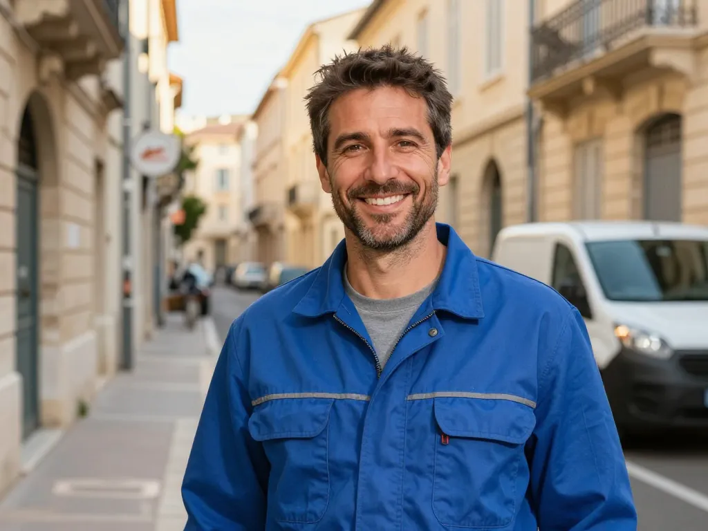 Artisan plombier souriant en tenue professionnelle devant un quartier typique de Marseille.