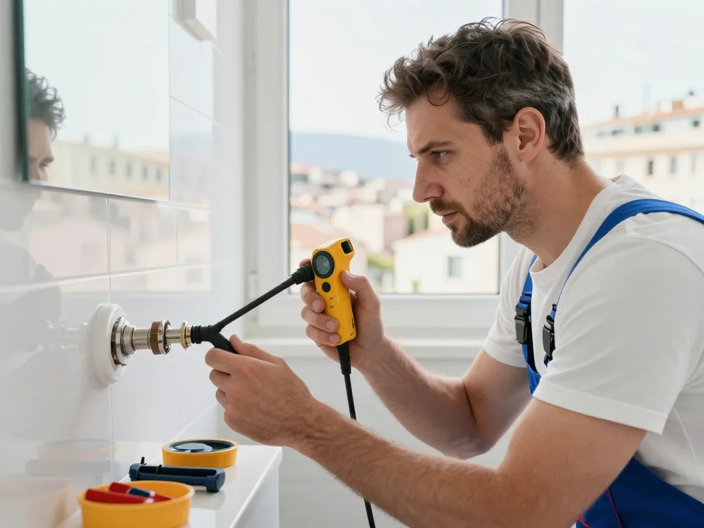 Plombier professionnel effectuant une recherche de fuite d'eau urgente avec un appareil de détection sonore dans une salle de bain.