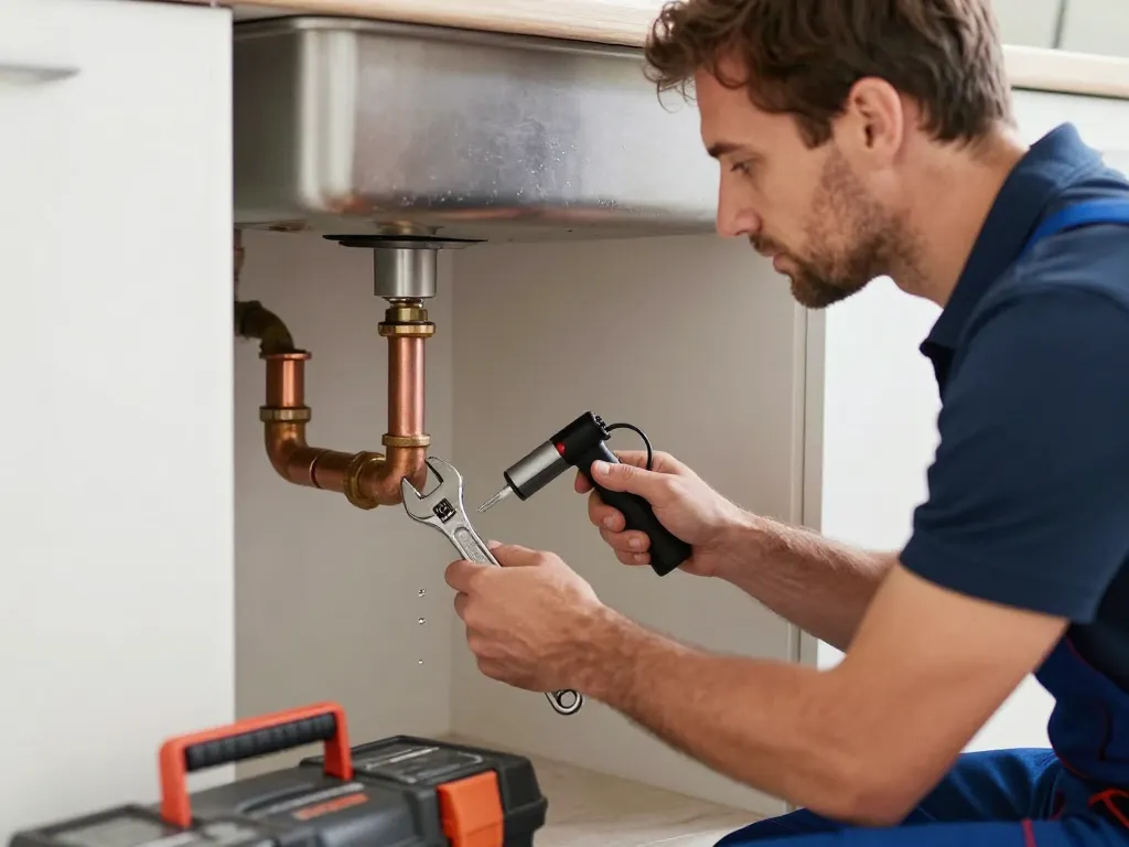 Un plombier professionnel en train de réparer une fuite de tuyauterie sous un évier de cuisine à Marseille.