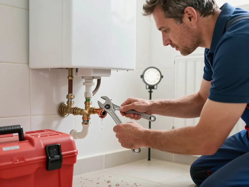 Plombier professionnel en intervention d'urgence pour la réparation d'un chauffe-eau et le débouchage de canalisation dans une maison à Marseille.