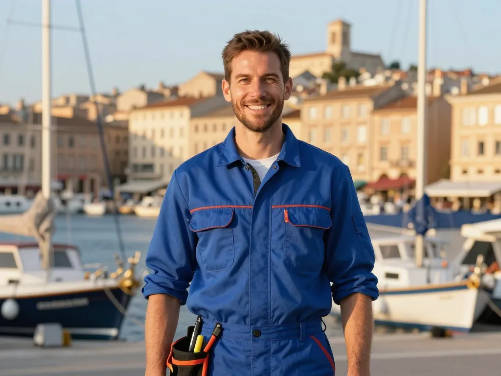 Plombier professionnel souriant en tenue de travail devant le paysage emblématique du Vieux-Port de Marseille.