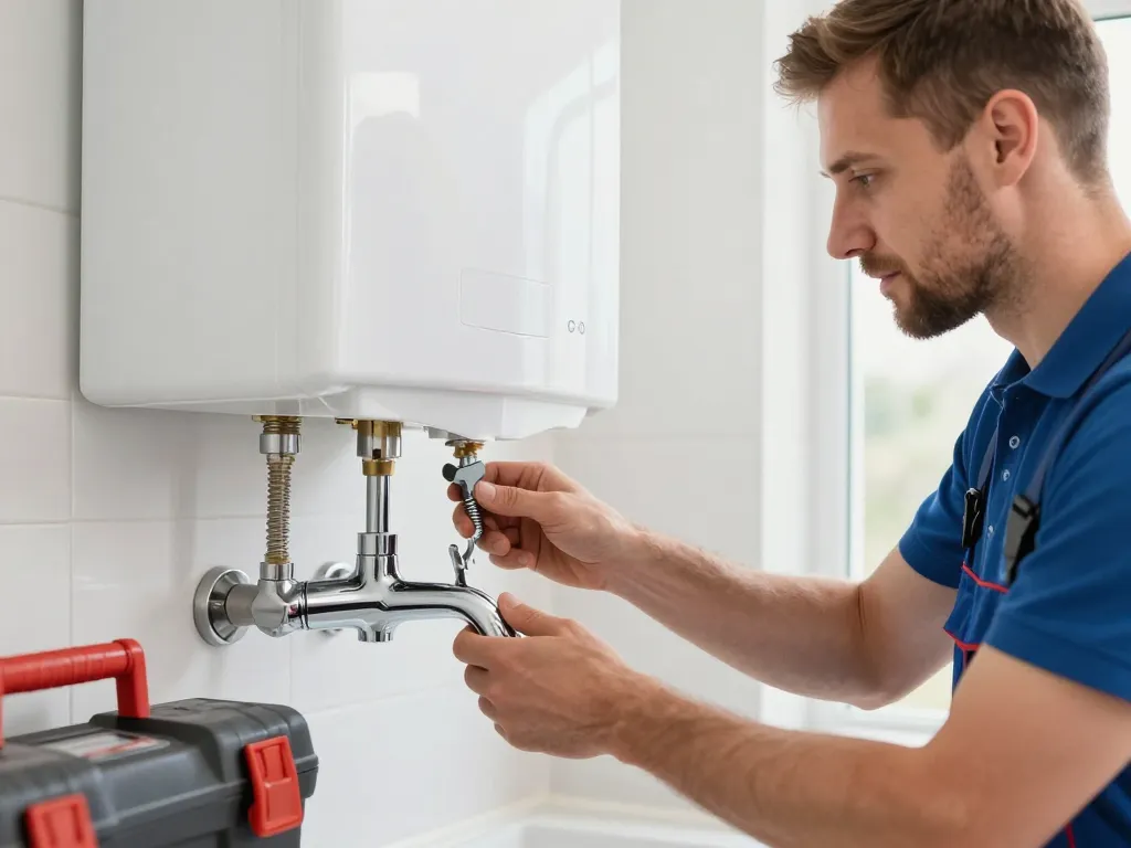 Plombier professionnel en train d'installer un robinet mitigeur à côté d'un nouveau chauffe-eau électrique.