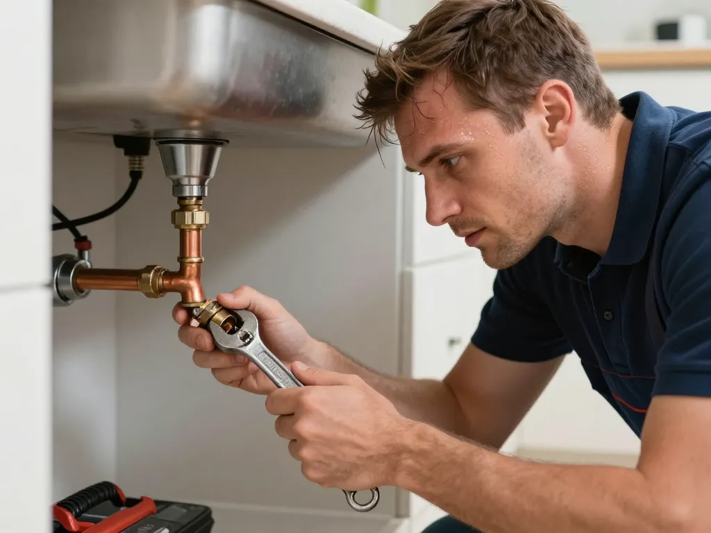 Plombier professionnel en train de réparer une fuite d'eau sous un évier de cuisine avec une clé à molette.
