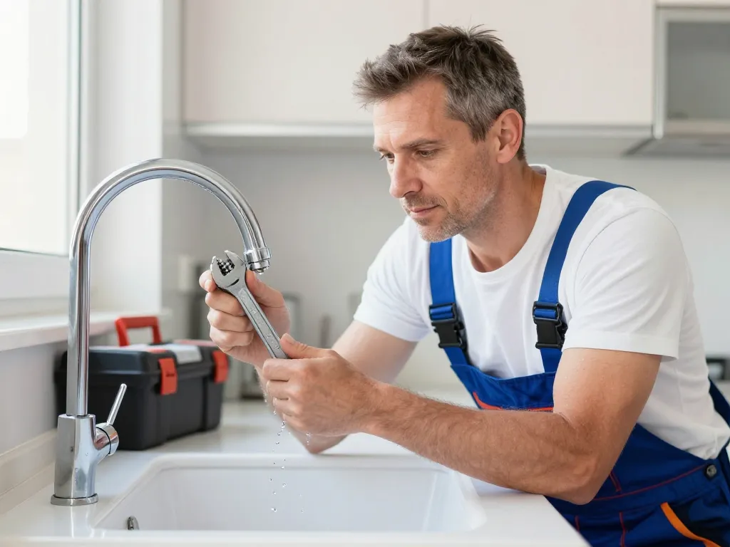 Plombier professionnel réparant une fuite de robinet de cuisine en urgence à Marseille.